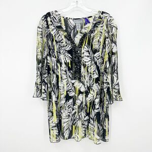 Catherines Womens Blouse 2XWP Feather Print Bell Sleeve Embellished Whimsical